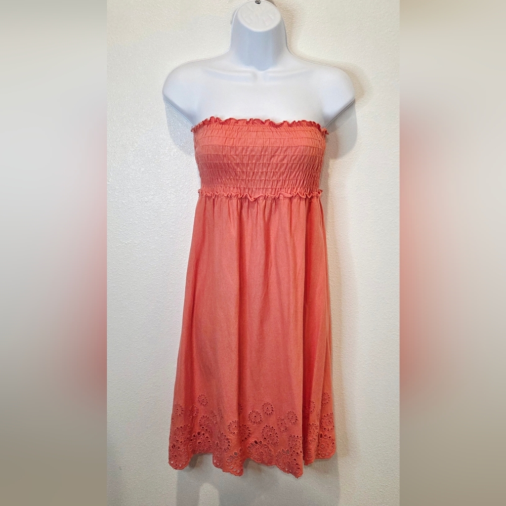 Coral Strapless Dress with Eyelet Hem- Size M